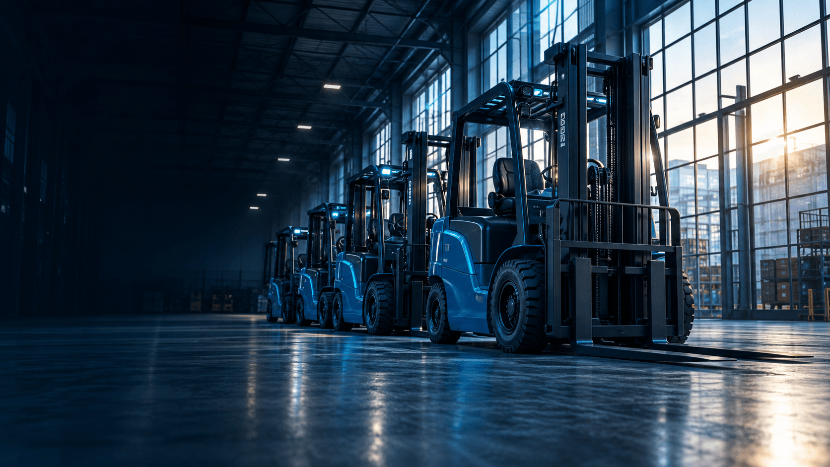 Blaue Elektrostapler in einer industriellen Lagerhalle